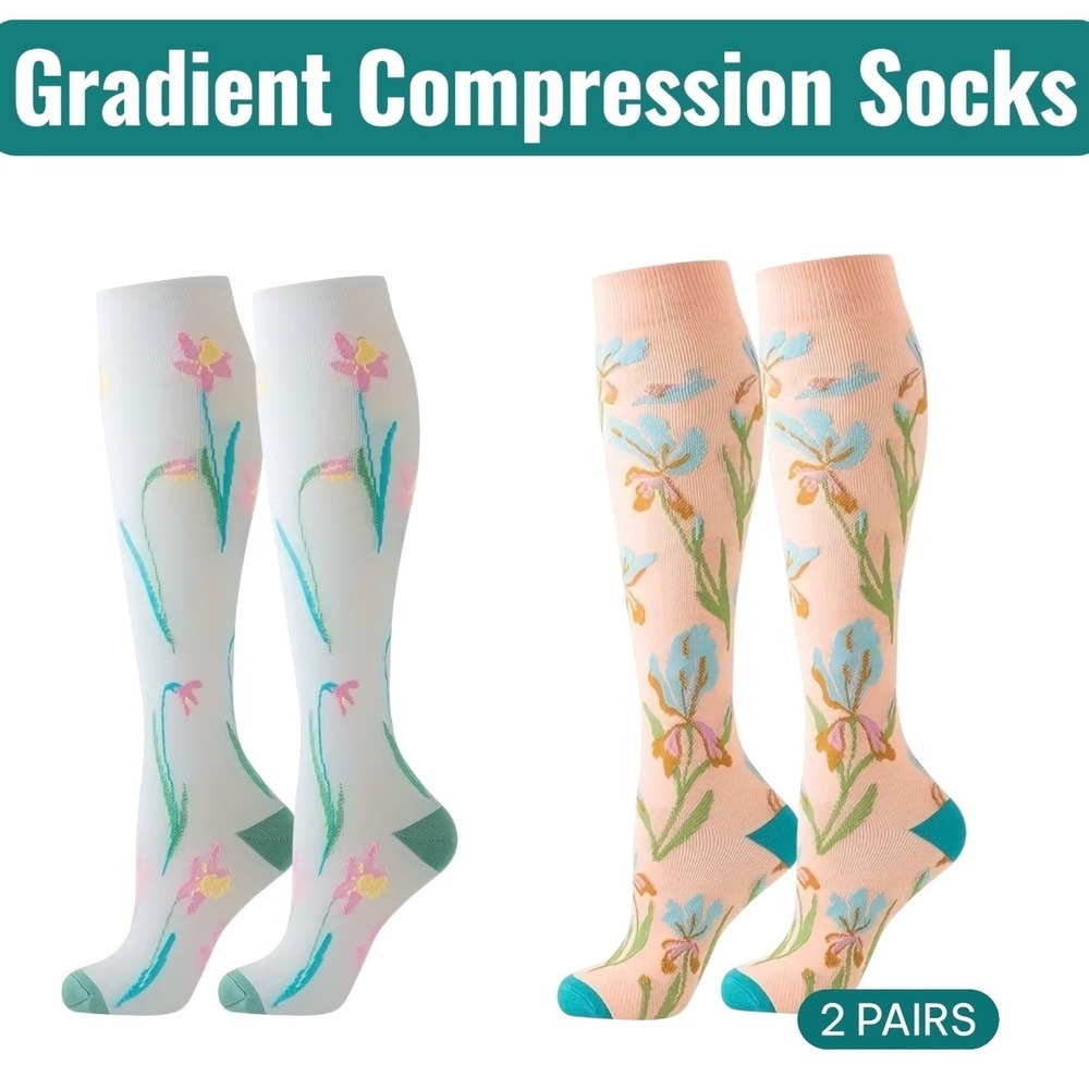Unisex 15-20 mmHg Compression Socks S/M Knee High Medical Floral 2 Pack NEW